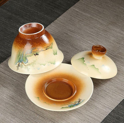 180ml Retro Landscape Gaiwan Coarse Ceramic Cup with Lid Cover Saucer Kit Tea