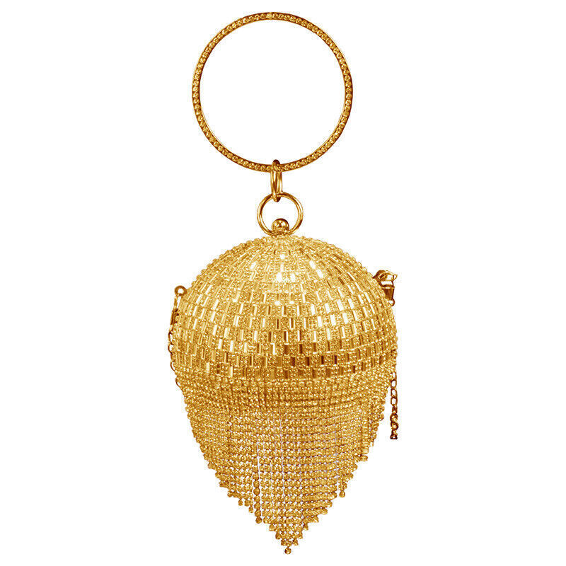 Women Fashion Round Crystal Ball Tassel Ladies Party Festive Wedding Clutch Bag