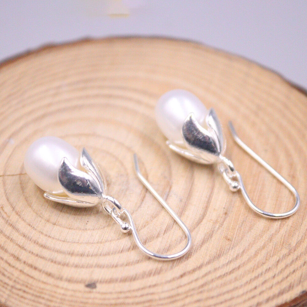 925 Sterling Silver Flower Dangle Earrings with Natural Freshwater Pearl