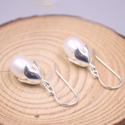 925 Sterling Silver Flower Dangle Earrings with Natural Freshwater Pearl