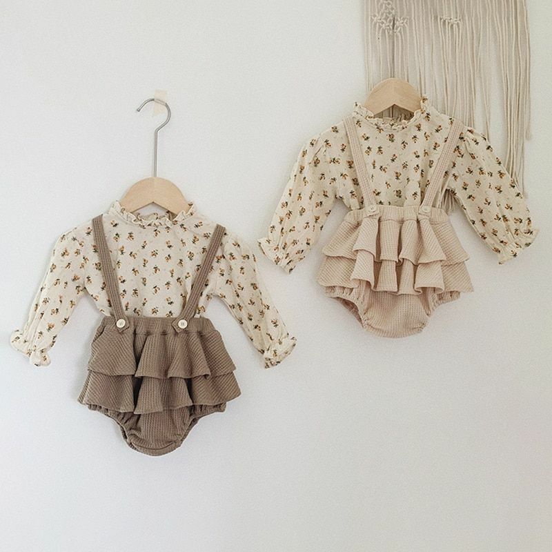 Baby Girls Clothes Set 2Pcs Vintage Cotton Floral Blouse Shirts Rompers Newborn