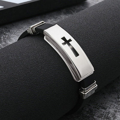 Men Stainless Steel Rubber Bracelet Retro Classic 3D Jesus Cross Style 1792
