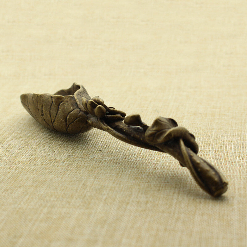 Old Asian Hand-carved Bronze Lotus Tea Shovel Statue