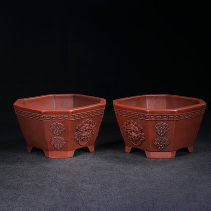Chinese Yixing Zisha Clay Handmade Exquisiteflowerpot (a pair) （花盆（一对） 底款：铁画轩）