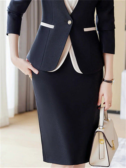 2 Piece Sets Women Office Ladies V Neck Single Button Blazers Skirt Suits