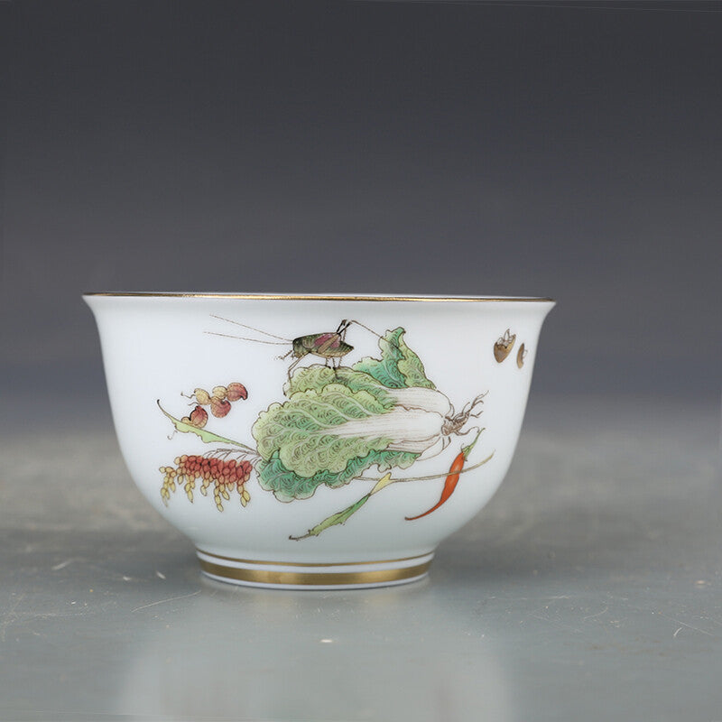 3.6" Collect Chinese Blue-and-white Porcelain Peanut Cabbage Insect Cup '生财有道'