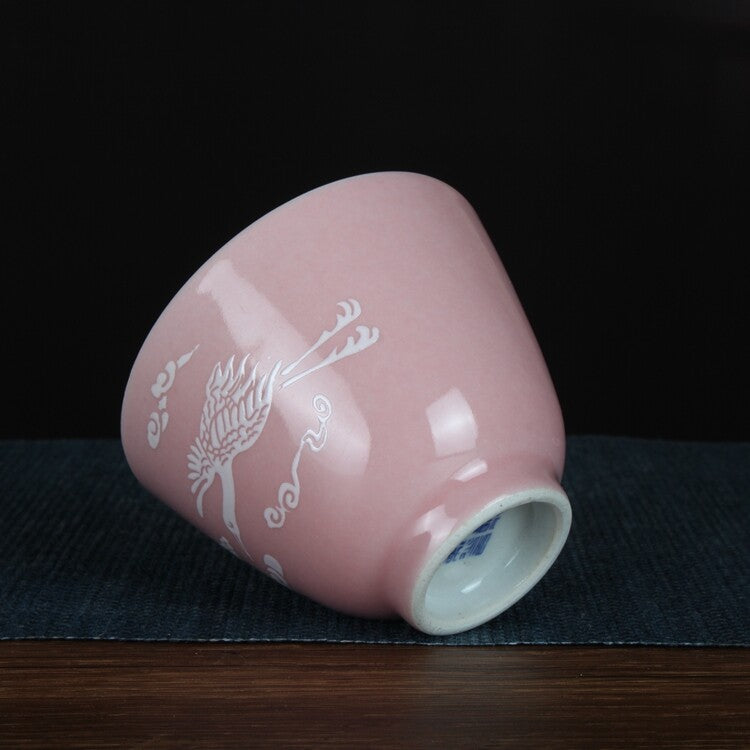 3" Collection Chinese Jingdezhen Porcelain Pink Glaze Animal Crane Cup