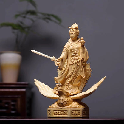 12" Boxwood Carved Mysterious Maiden Nine Heaven Statue Taoism Deity Collection