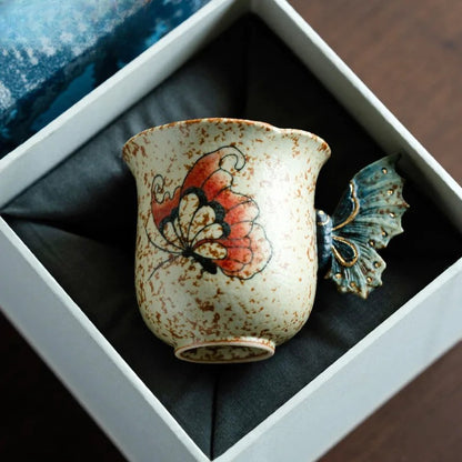 80ML Ceramic Handpainted Butterfly Flint Red Teacup Tea-tasting Cup Master Cup
