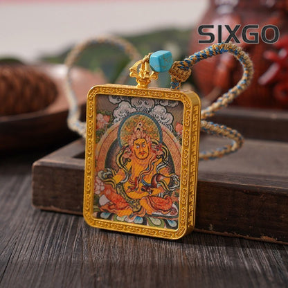 Tibetan Thangka Pendant Necklace Yellow Jambhala Amulet Ethnic Buddhist Jewelry