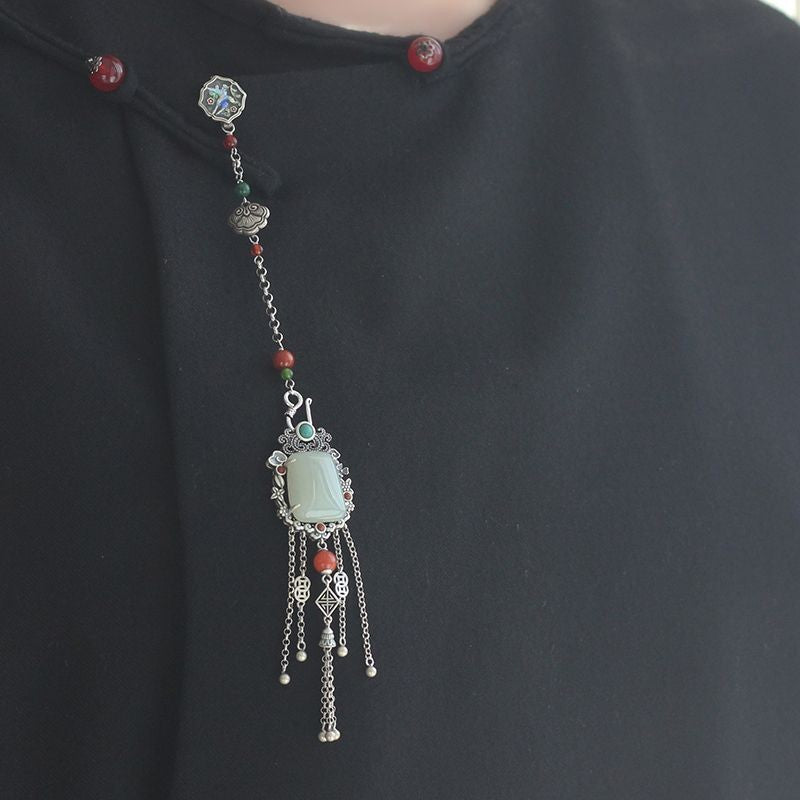 Vintage Ethnic Silver-Plated Enamel Pendant, Cheongsam Hanfu Accessory