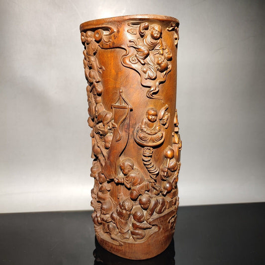 chinese children play kite statue desk study wood brush pot wooden decor carved