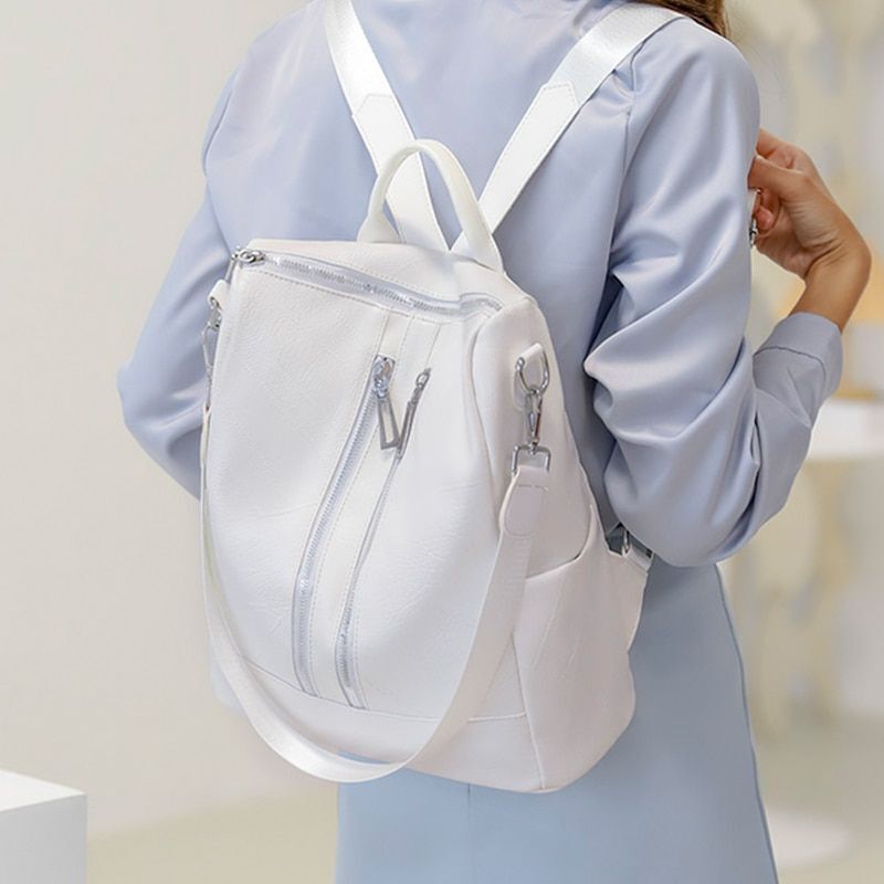 White Backpack Women Leather Travel Rucksack Shoulder Book Bag Waterproof Nylon