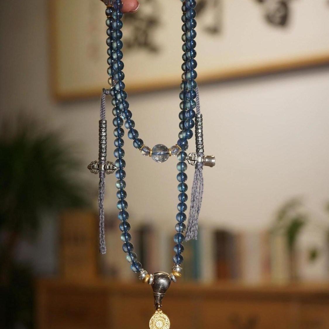 Blue Glass 108 Beads Mala Bracelet Vintage Straight Cut Double Loop Necklace