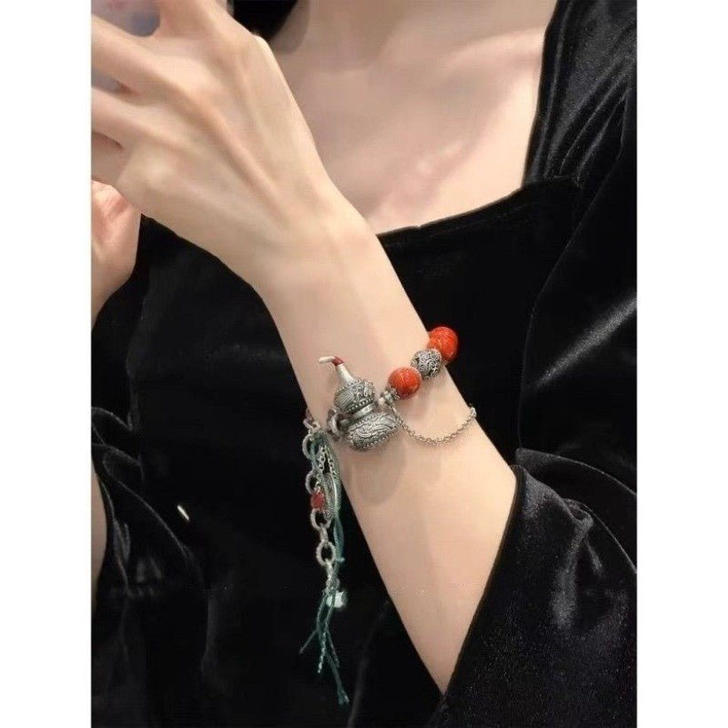 New Chinese Eight Immortals Gourd Bracelet Red Agate Fortune Bead Bangle