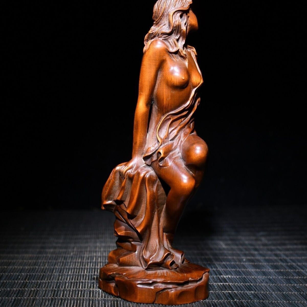 Chinese Boxwood Wood Carving Sexy Beautiful Woman Statue Wooden Sculpture Decor
