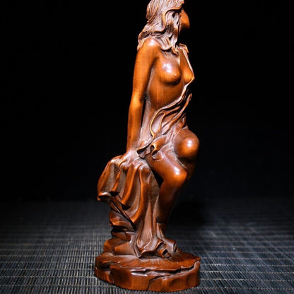 Chinese Boxwood Wood Carving Sexy Beautiful Woman Statue Wooden Sculpture Decor