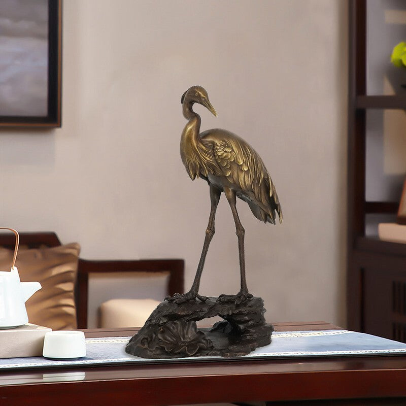 Brass Standing Crane Figurine Statue Office Art Sculpture Home Decor