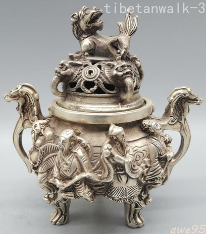 Stamp Tibet Silver Dragon Lion 8 God Tripod Incense Burner Censer Statue