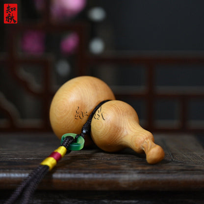 Cliff Cypress Wood Carved Gourd with A "福禄双全" Keychain Pendant Handicraft