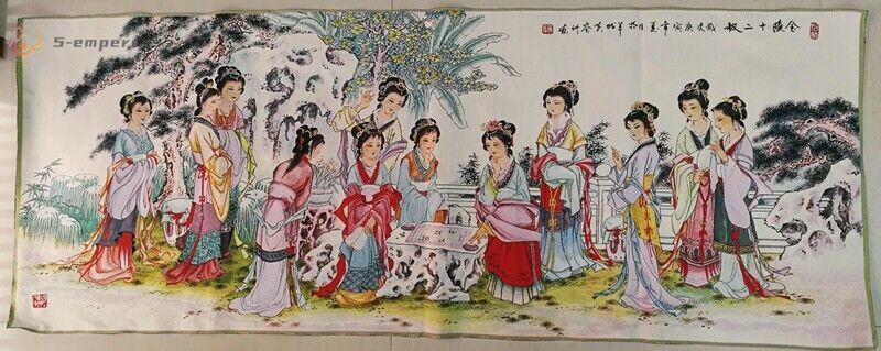 Old Chinese Buddhism Silk Embroidery Painting "Twelve Golden Hairpins"