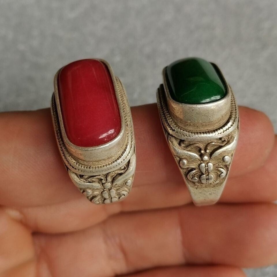 Chinese Old Antique Tibetan Inlaid Green Red Agate Gemstone Ring Collection