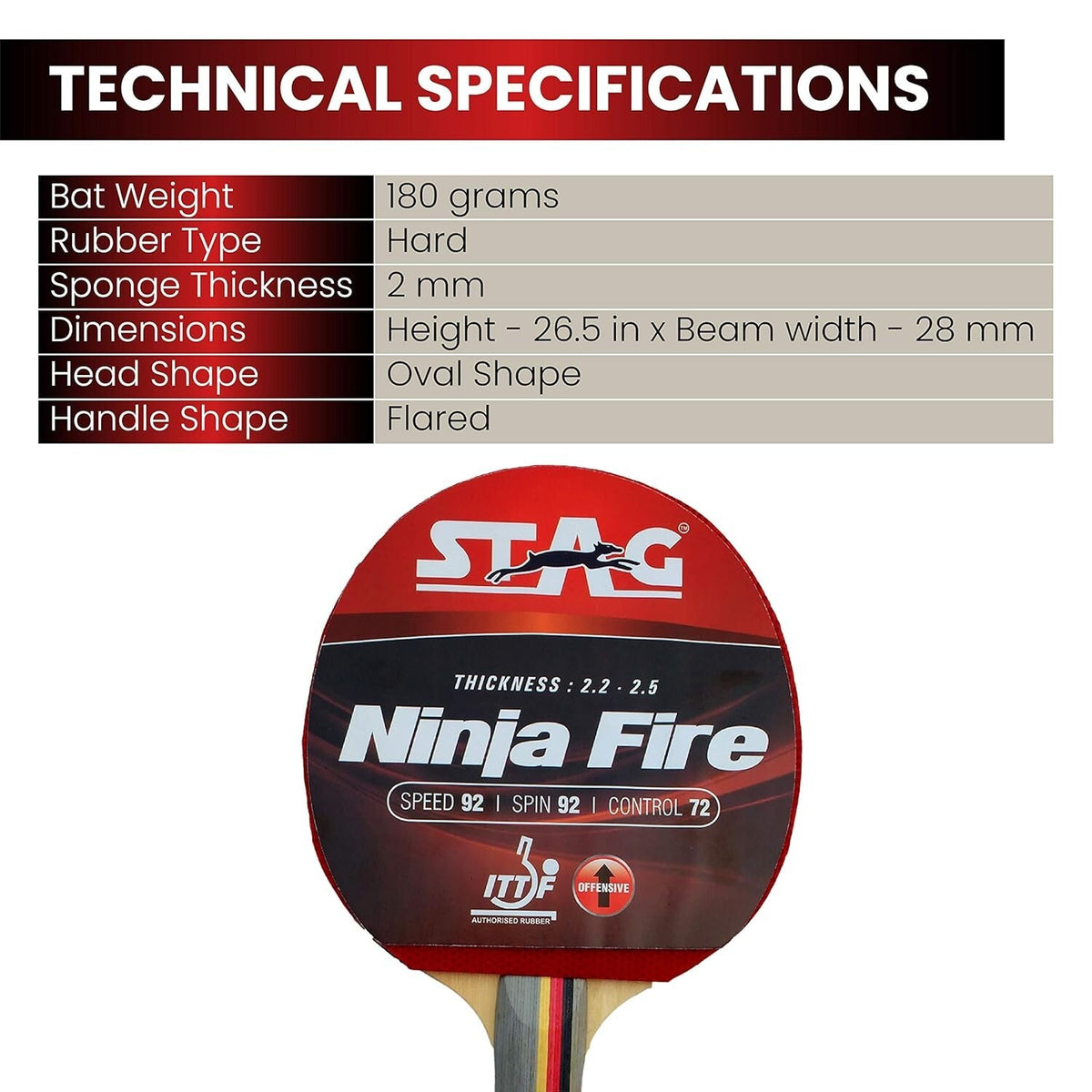 Advanced ITTF Approved Rubber Ninja Fire Wood Table Tennis Racquet Multicolour