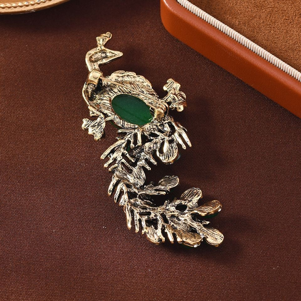 Chinese Style Peacock Brooch Green Enamel Phoenix Pin Luxury Coat Accessory
