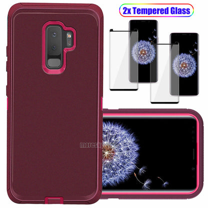 For Samsung Galaxy S9 /Plus Hard Heavy Duty Case Cover, Tempered Glass Protector