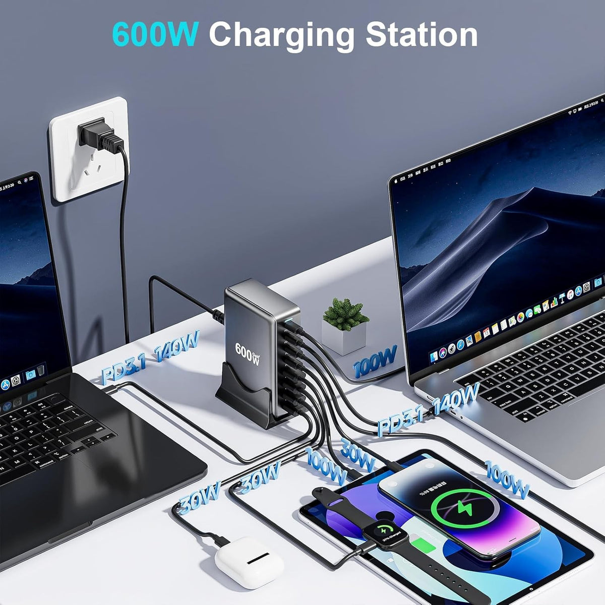 600W Fast USB C GaN Ⅲ Pro Charger Block,8 Port Charging Station,Dual 140W PD3.1