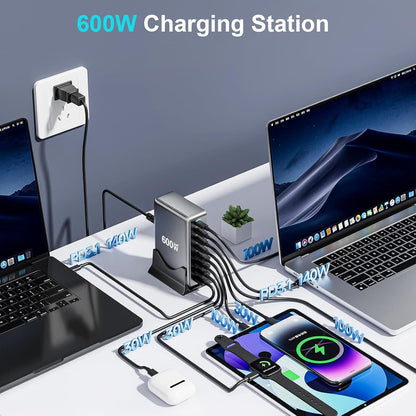 600W Fast USB C GaN Ⅲ Pro Charger Block,8 Port Charging Station,Dual 140W PD3.1
