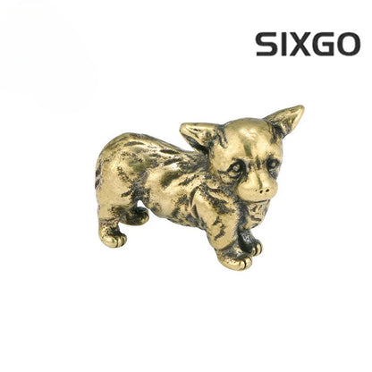 Solid Brass Puppy Corgi Figurine Miniature Tea Pet Craft Desktop Small Ornament