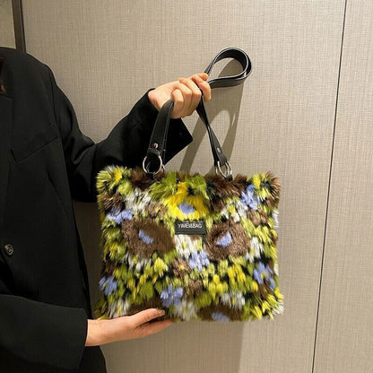 Women Shoulder Bags Female Winter Plush Bags Flower Bags Handbags