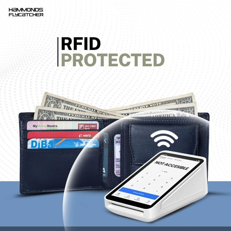 Brand New Authentic RFID Protected Blue BI-Fold Genuine Leather Mens Wallet