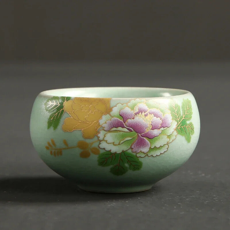 Ru Kiln Tea Cup Handmade Ceramic Cup Flowers Pattern Travel Tea Set Teacups