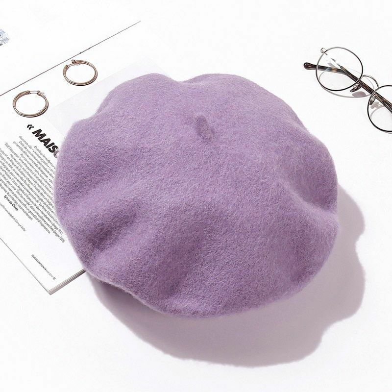 Wool Beret Hats Women Pure Felt British Style Solid Color Slouchy Winter Female