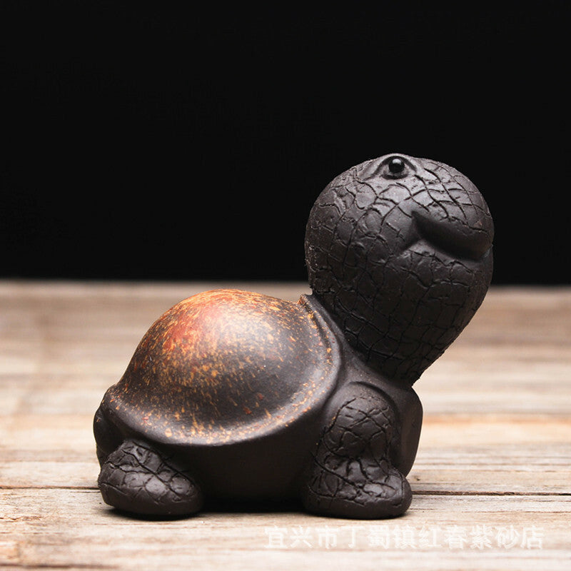 Chinese Yixing Zisha Black Mud Pottery Lovable Small Tortoise Tea Pet Statues