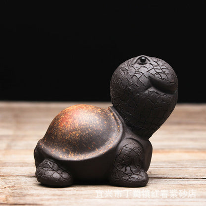 Chinese Yixing Zisha Black Mud Pottery Lovable Small Tortoise Tea Pet Statues