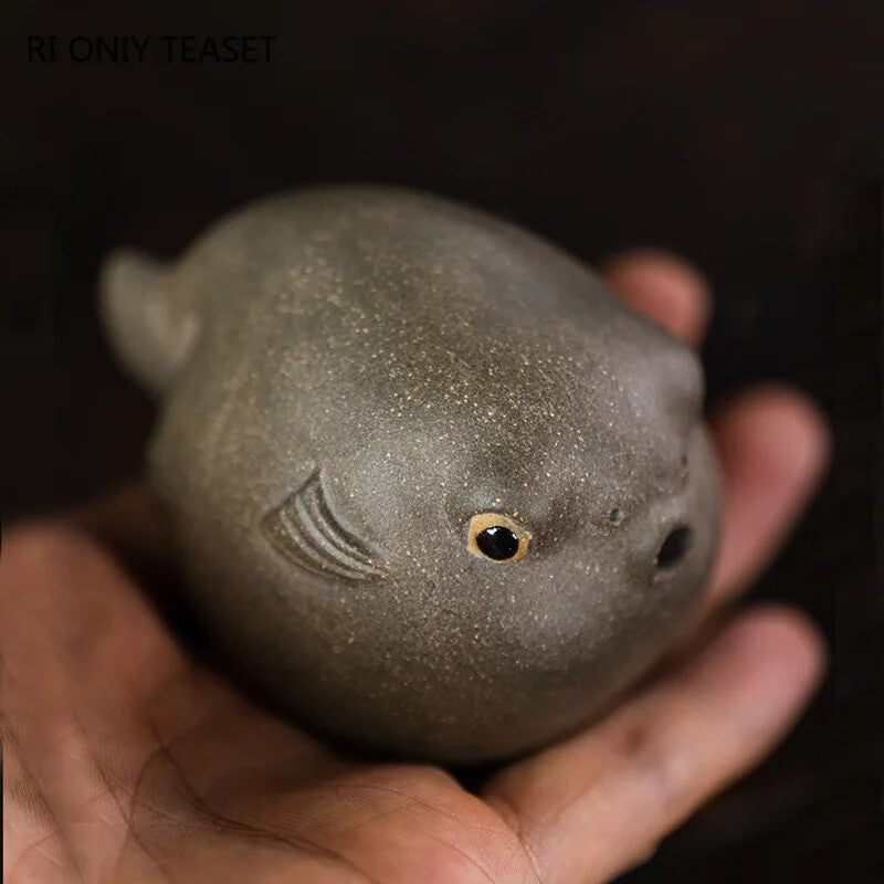Yixing Purple Clay Tea Pet Pufferfish Statue Ornaments Handmade Tea Figurine