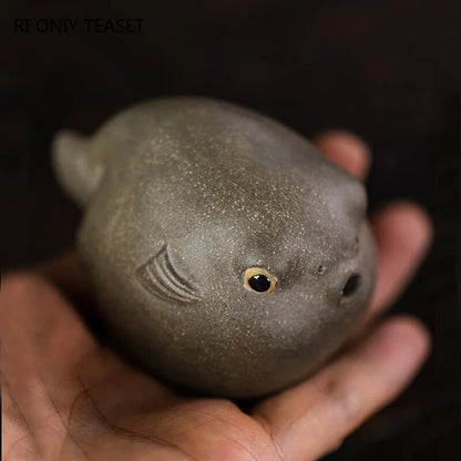 Yixing Purple Clay Tea Pet Pufferfish Statue Ornaments Handmade Tea Figurine