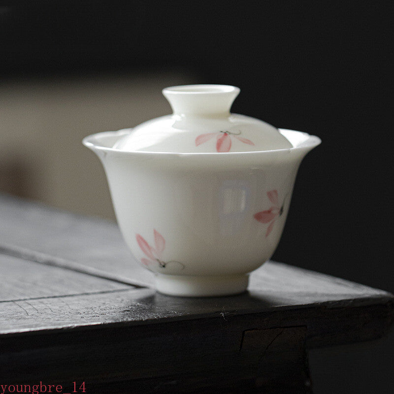 Porcelain Cover Bowl Household Hand Drawn Orchids Gaiwan Anti Scald Tea Tureen