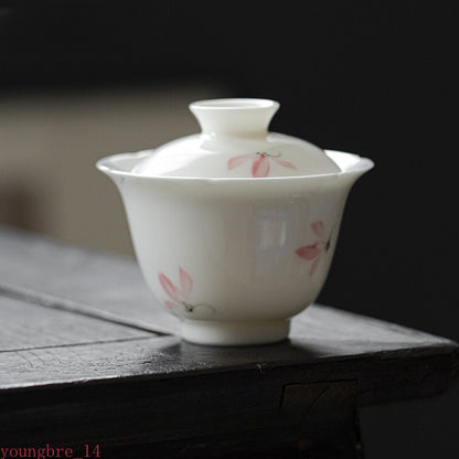 Porcelain Cover Bowl Household Hand Drawn Orchids Gaiwan Anti Scald Tea Tureen