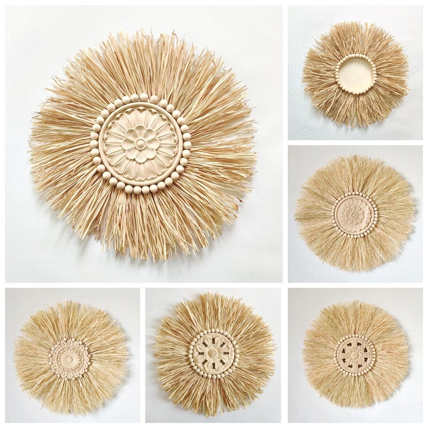 Wall Decor Boho Handmade Woven Straw Moroccan Wood Bead Hanging Ornament 45x45cm