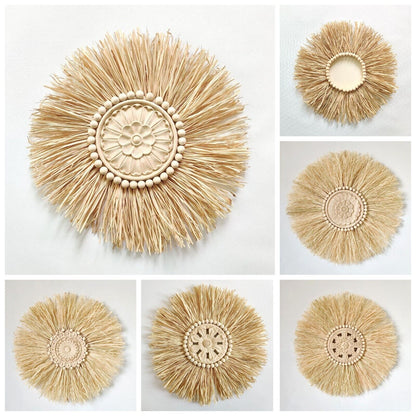 Wall Decor Boho Handmade Woven Straw Moroccan Wood Bead Hanging Ornament 45x45cm