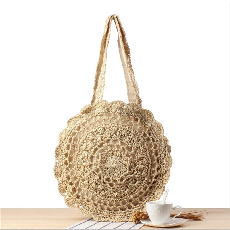 Womens Hollow-out Crochet Round Soft Straw Beach Bags One-Shoulder Shopping Bags