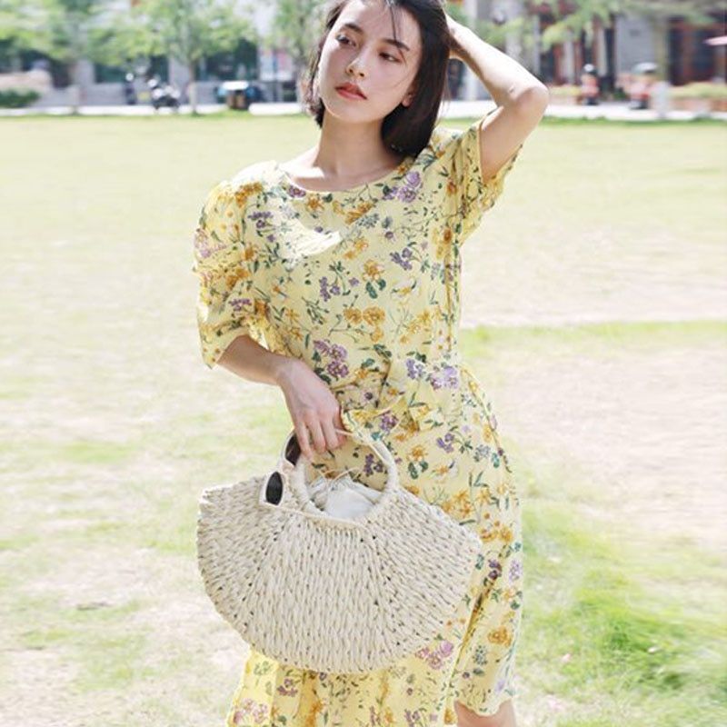 Handmade Bag Beach Weaving Paper Straw Bag Wrapped Beach Bag Moon Shaped Bag 1PC