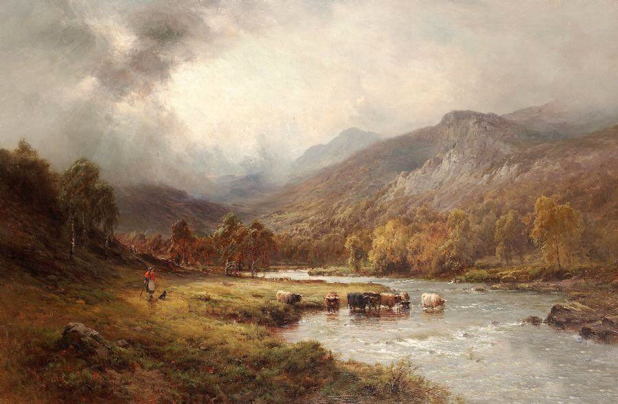 Wonderful Oil painting landscape with cows by river before storm canvas