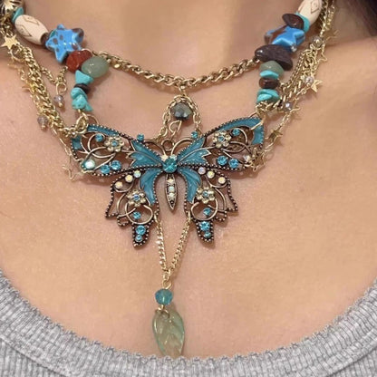 Retro Butterfly Choker Beaded Necklace 2-in-1 Cool Unique Simulated Turquoise