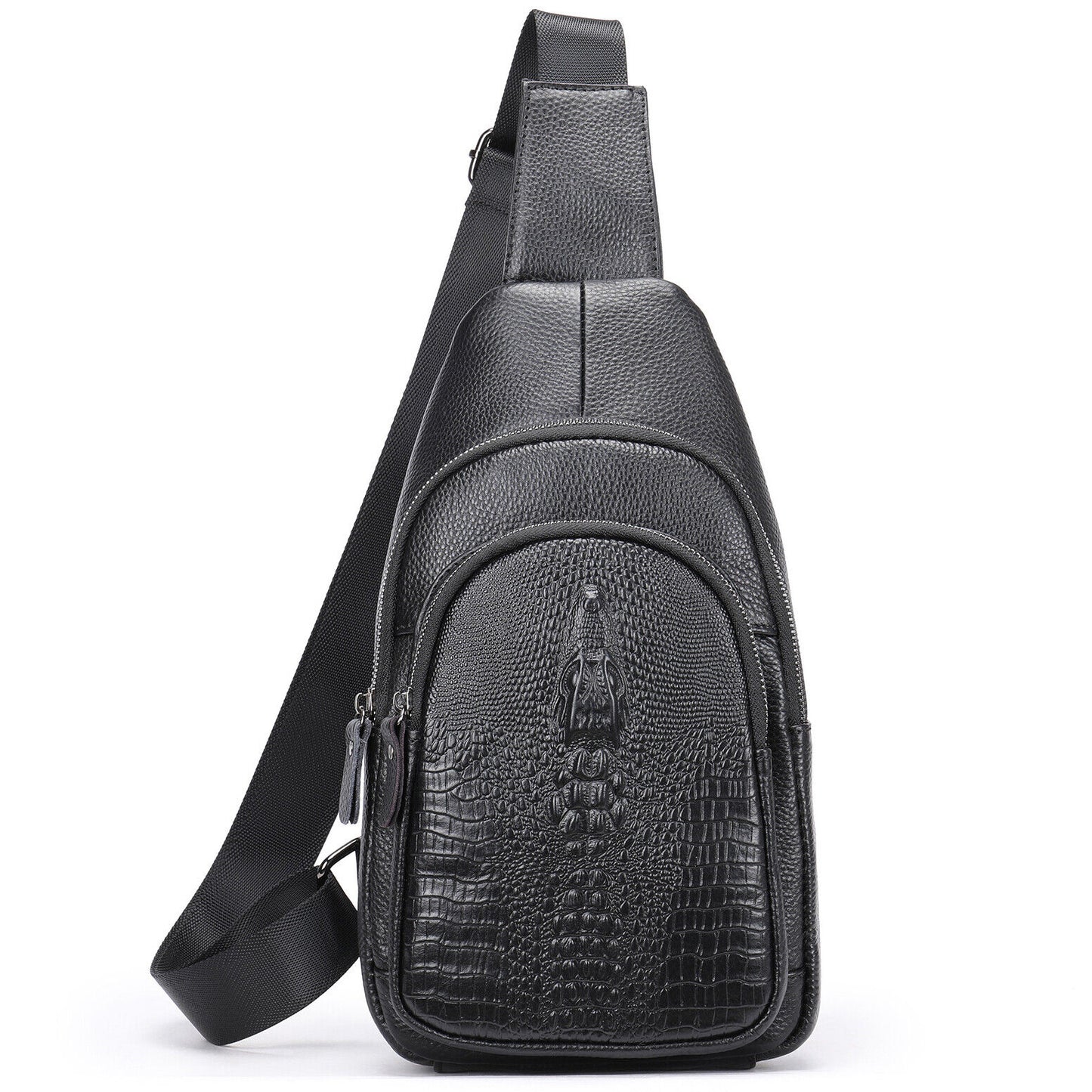 Mens Cow Leather Crocodile Pattern Chest Bag Sling Backpack Crossbody Travel Bag