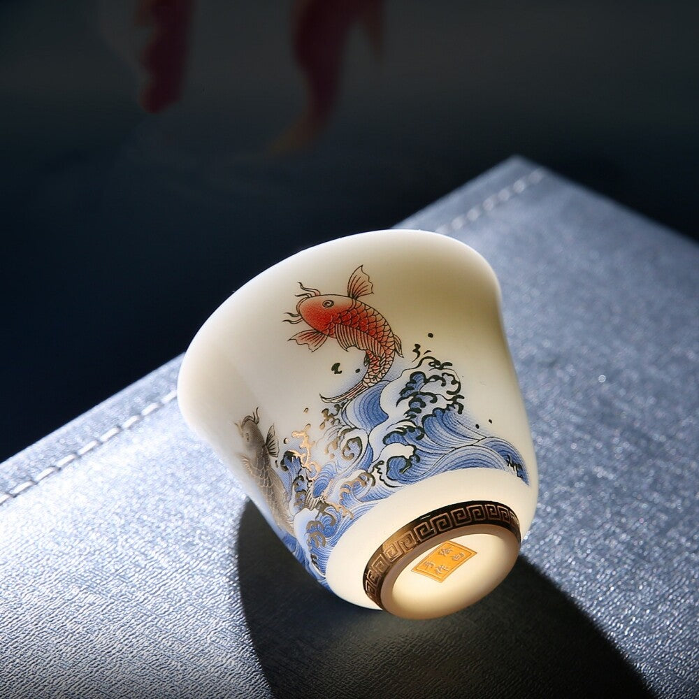 Dehua Fat Mutton Jade Porcelain Tea Cup 50ml Hand Drawing Floral Fish Painted